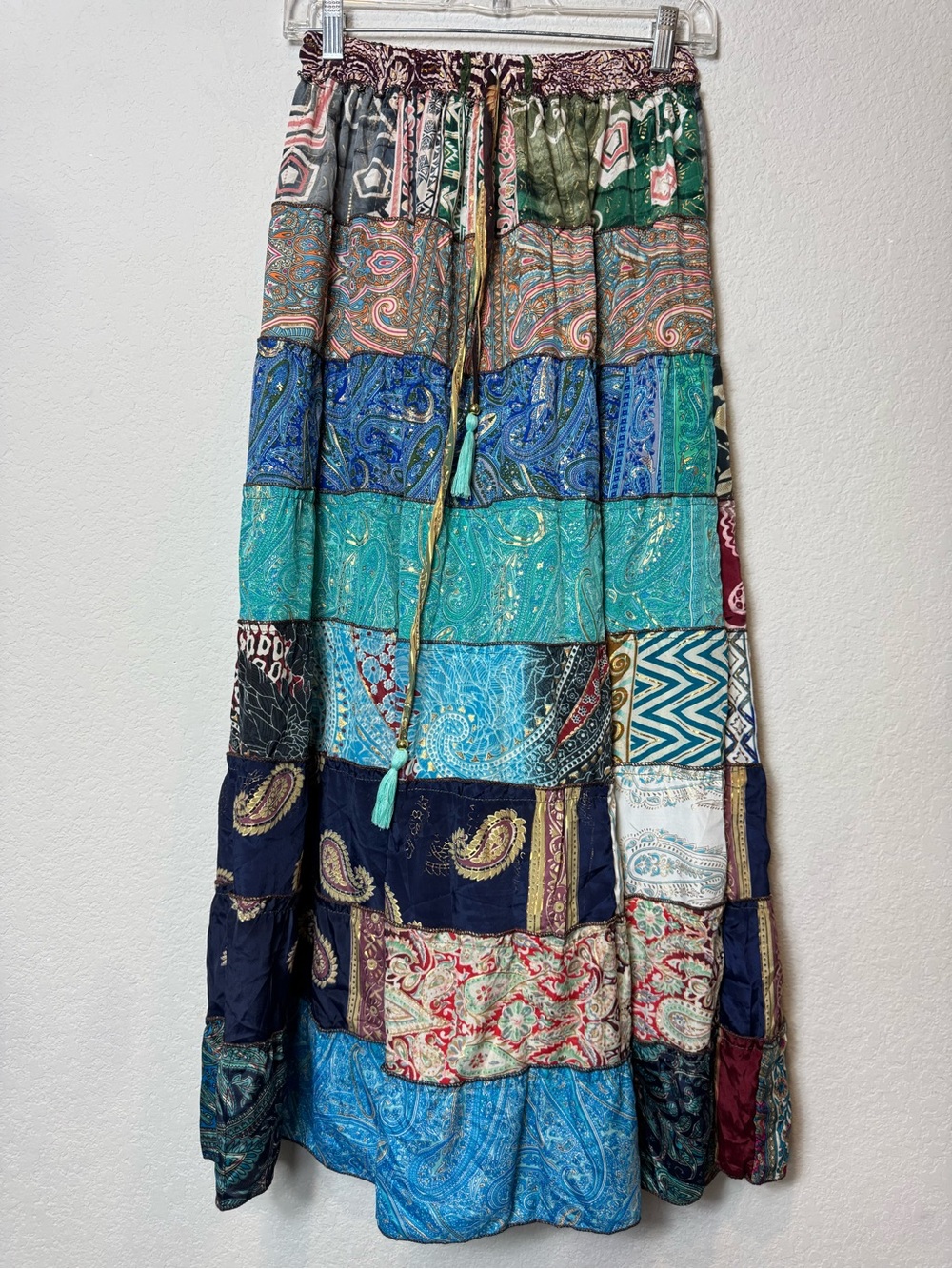 Patchwork Tiered Maxi Skirt Teal & Navy Vintage Silk Sari Fabric Artisan One Sz